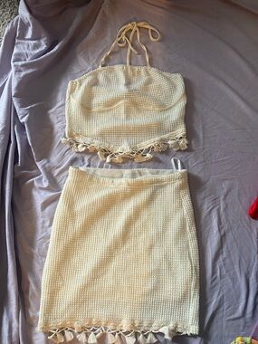 SHEIN Cream Waffle-Knit Tassel Skirt Set